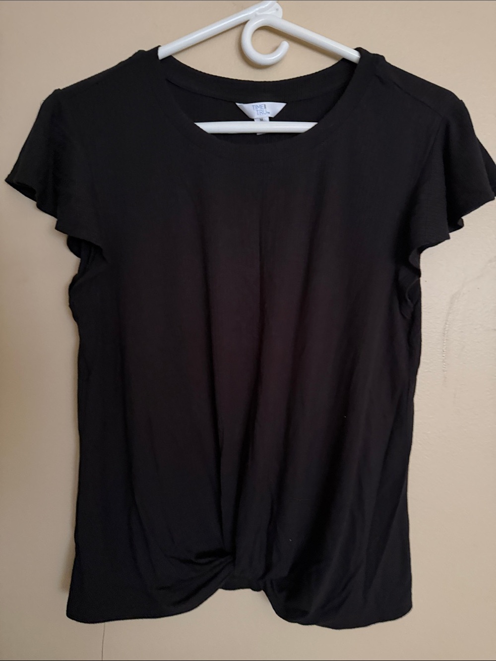 Time and Tru Black Twist-Hem Flutter Sleeve Tee